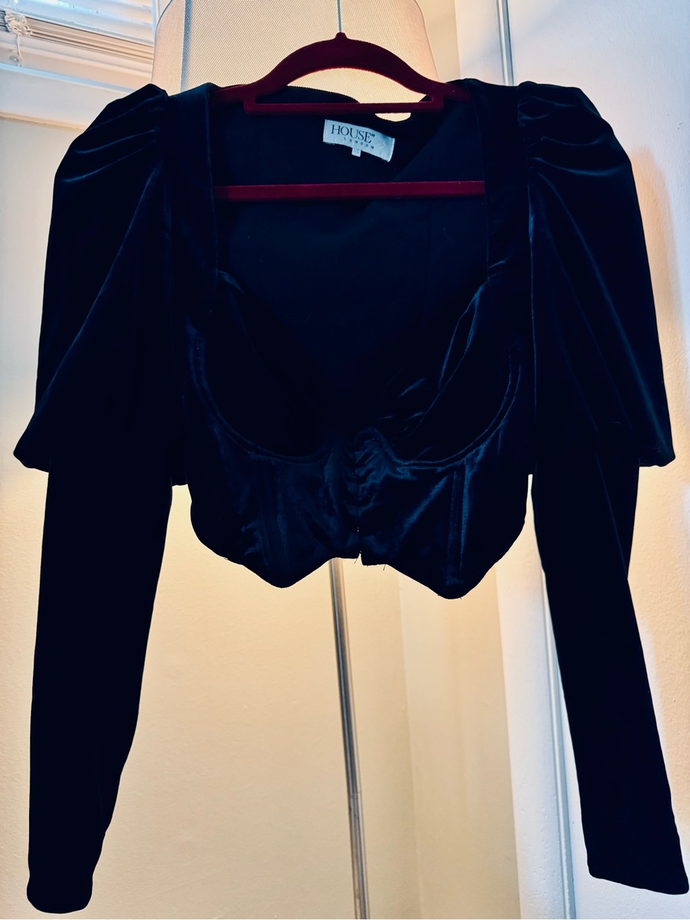 House of CB Black Velvet Puff-Sleeve Long Sleeve Crop Top